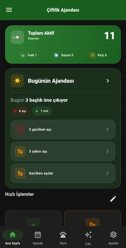 Akıllı panel: toplam hayvan, bugünün ajandası ve aşı uyarıları