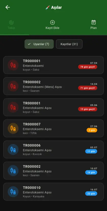 Aşı takibi: geciken ve yaklaşan aşı uyarıları