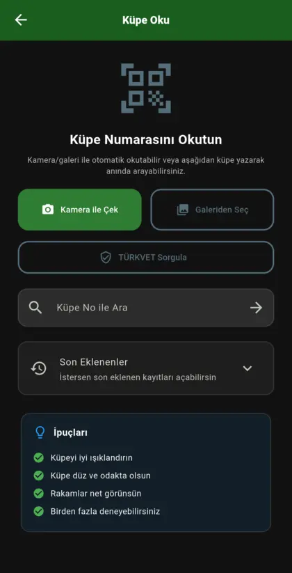Küpe okuma: kamera veya galeriden küpe numarası okuma